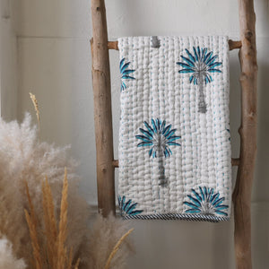 Cotton Kantha Blanket in Blue Palm - Crib / Toddler Bed